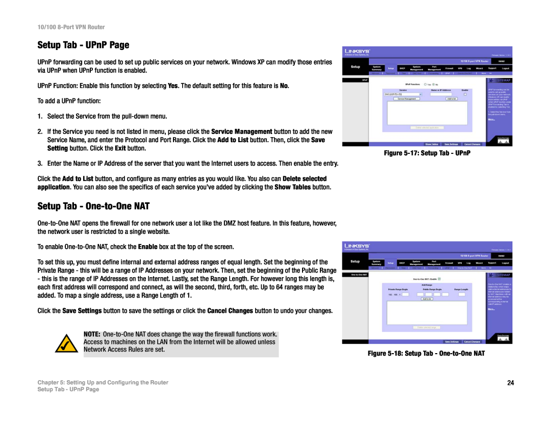 Linksys RV082 manual Setup Tab - UPnP Page, Setup Tab - One-to-One NAT 