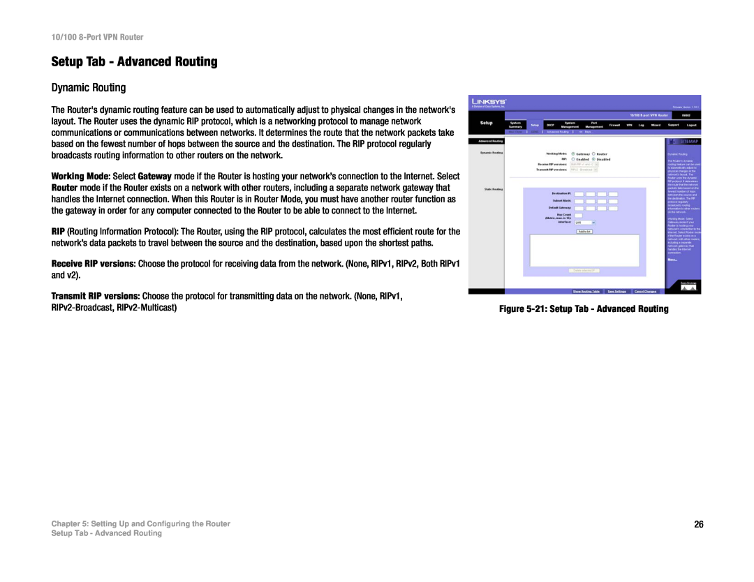 Linksys RV082 manual Setup Tab - Advanced Routing, Dynamic Routing 