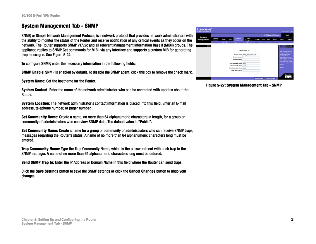 Linksys RV082 manual System Management Tab - SNMP 