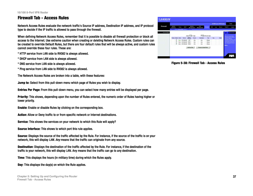 Linksys RV082 manual Firewall Tab - Access Rules 