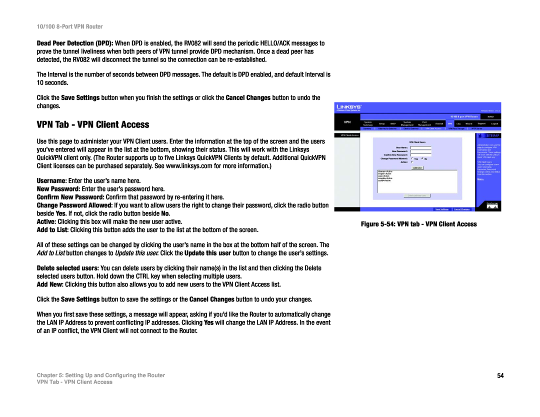 Linksys RV082 manual VPN Tab - VPN Client Access 