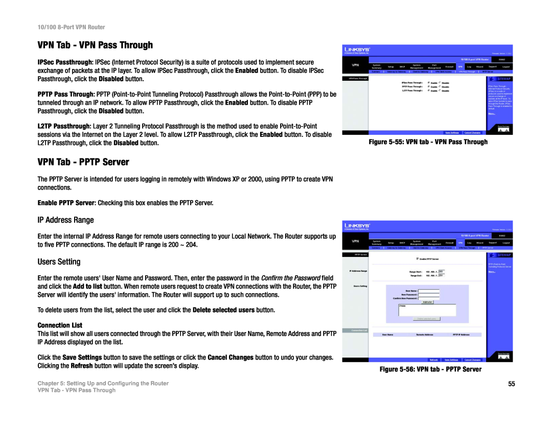 Linksys RV082 manual VPN Tab - VPN Pass Through, VPN Tab - PPTP Server, IP Address Range, Users Setting 