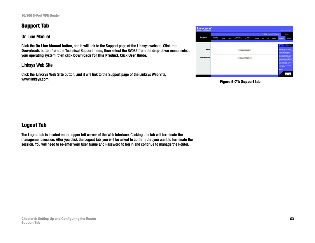 Linksys RV082 manual Support Tab, Logout Tab, On Line Manual, Linksys Web Site, 10/100 8-Port VPN Router 