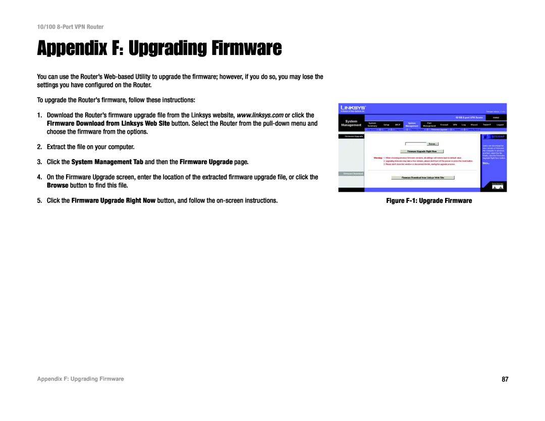 Linksys RV082 manual Appendix F Upgrading Firmware 