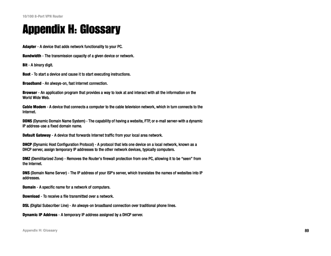 Linksys RV082 manual Appendix H Glossary 