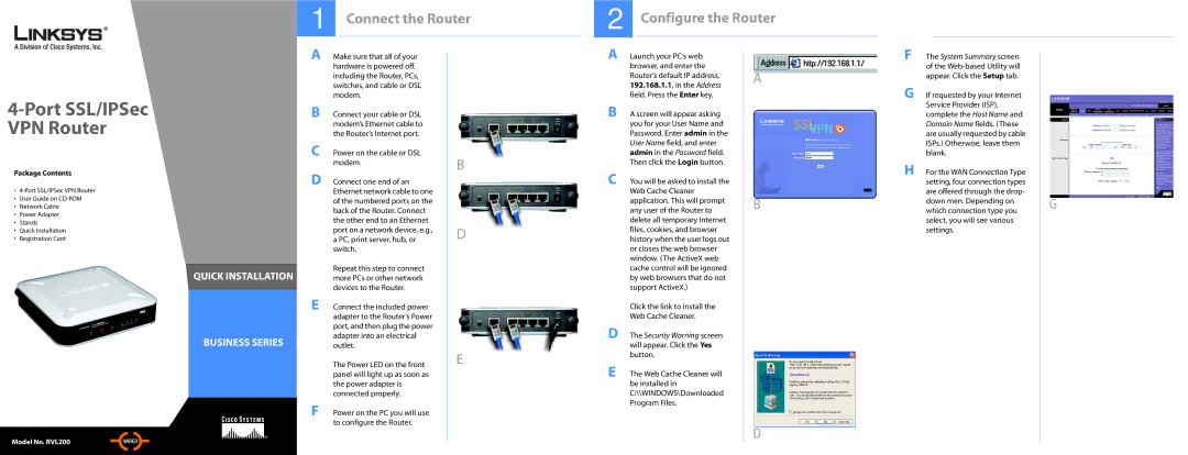 Linksys RVL200 manual Connect the Router, Configure the Router, 192.168.1.1, in the Address 