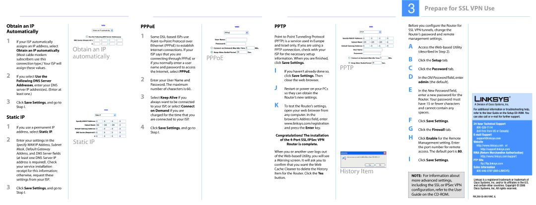 Linksys RVL200 manual Prepare for SSL VPN Use, Obtain an IP automatically Static IP, PPPoE, History Item 