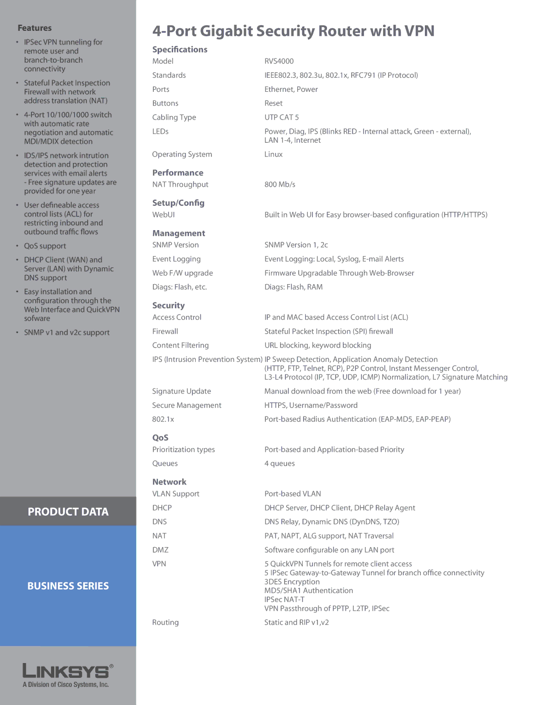 Linksys RVS4000 manual Specifications, Performance, Setup/Config, Management, Security, QoS, Network 