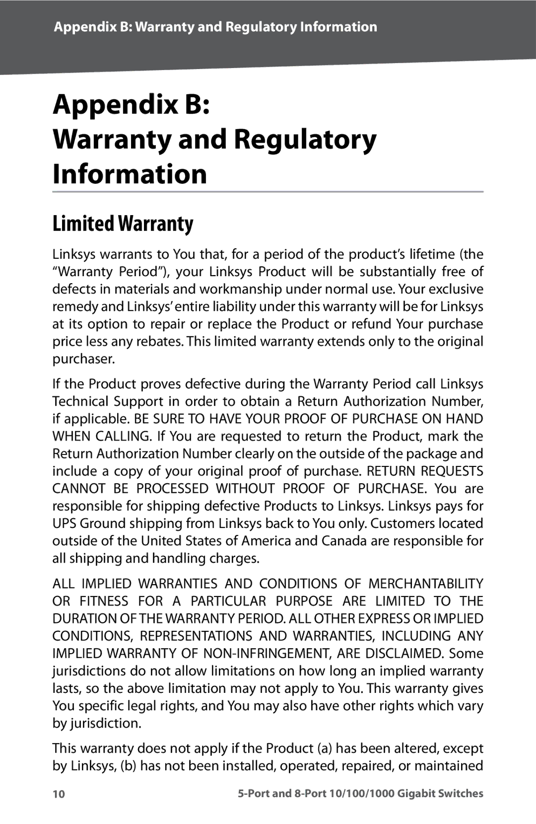 Linksys SD2005, SD2008 manual Appendix B Warranty and Regulatory Information, Limited Warranty 