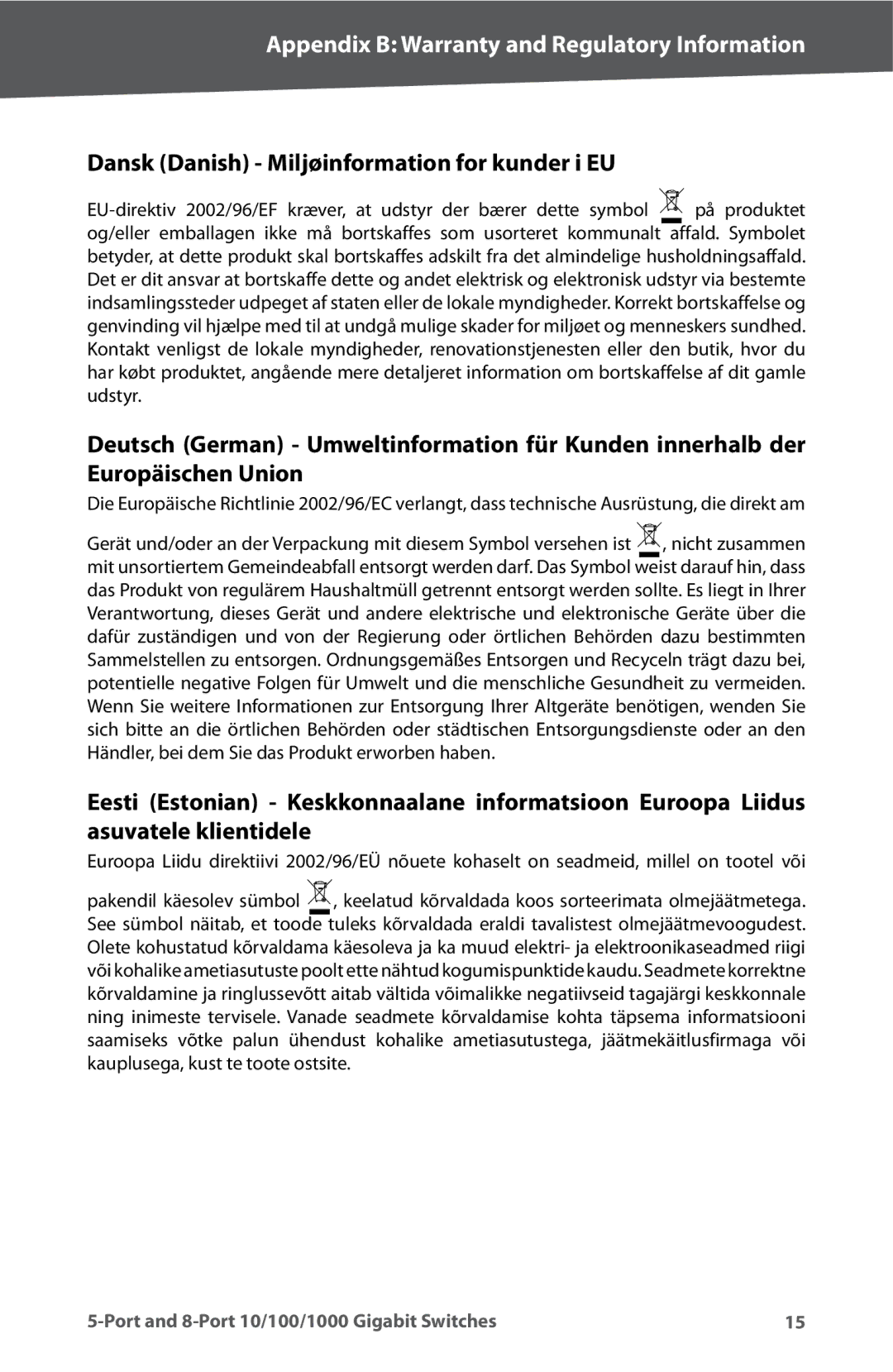 Linksys SD2005, SD2008 manual Dansk Danish Miljøinformation for kunder i EU 