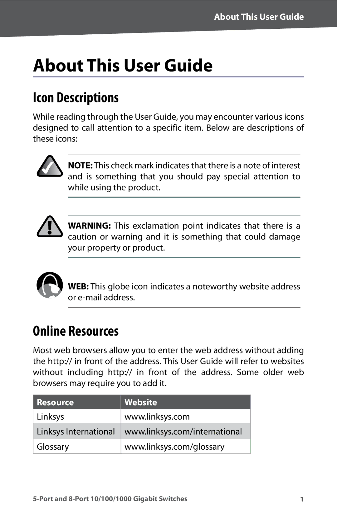 Linksys SD2005, SD2008 manual About This User Guide, Icon Descriptions, Online Resources 