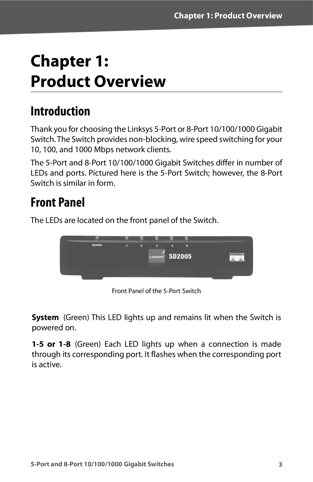 Linksys SD2005, SD2008 manual Chapter Product Overview, Introduction, Front Panel 