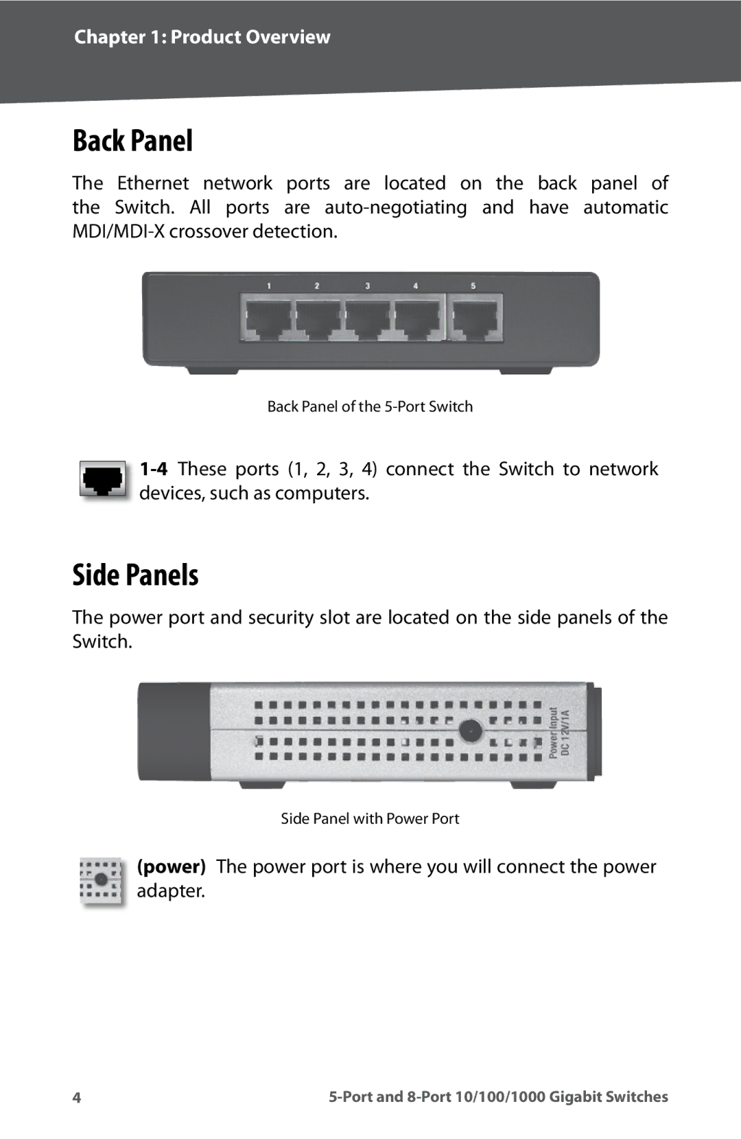 Linksys SD2005, SD2008 manual Back Panel, Side Panels 