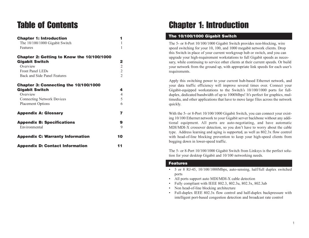 Linksys SD2005 manual Table of Contents, Introduction 