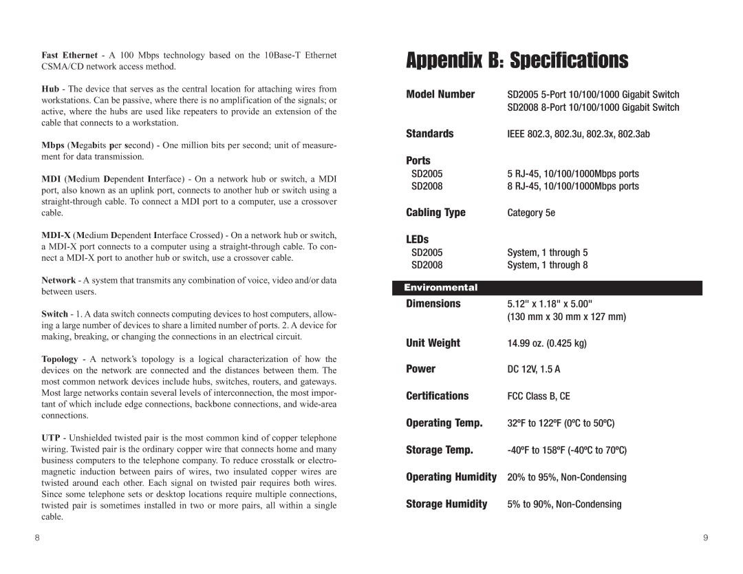 Linksys SD2005 manual Appendix B Specifications, Environmental 