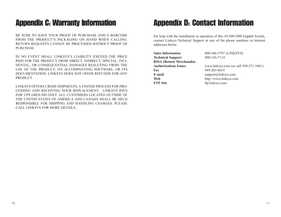 Linksys SD2005 manual Appendix C Warranty Information, Appendix D Contact Information 