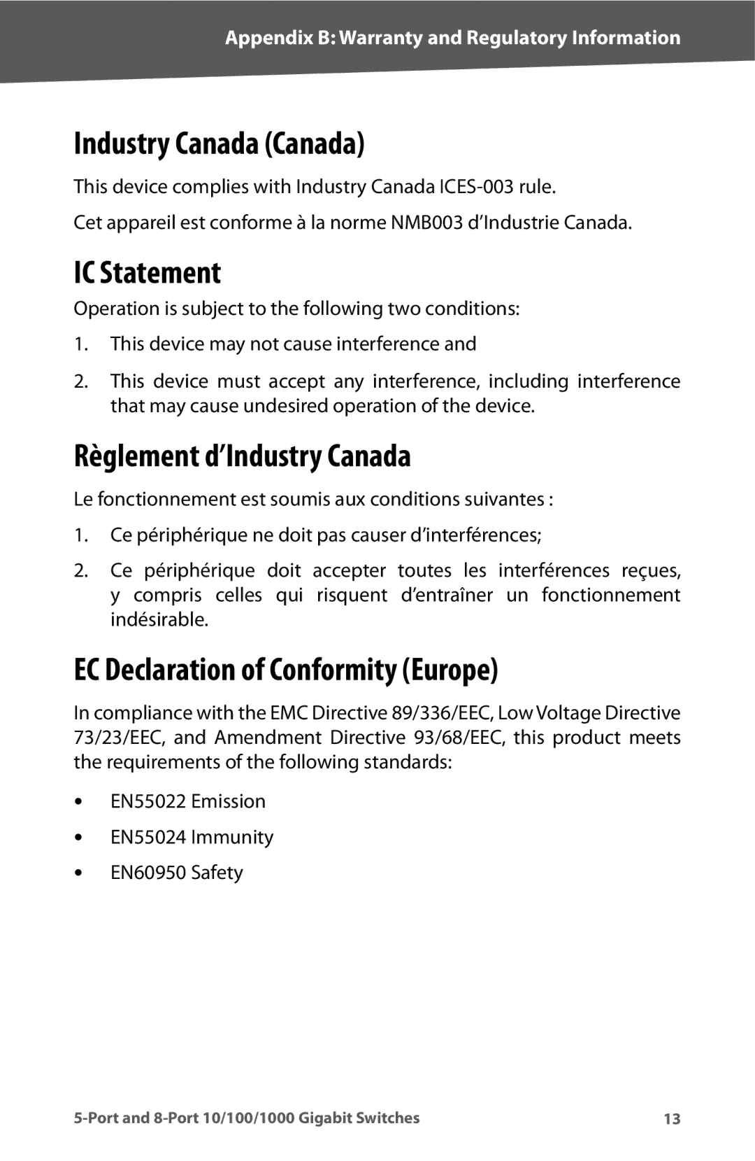 Linksys SD2008 Industry Canada Canada, IC Statement, Règlement d’Industry Canada, EC Declaration of Conformity Europe 