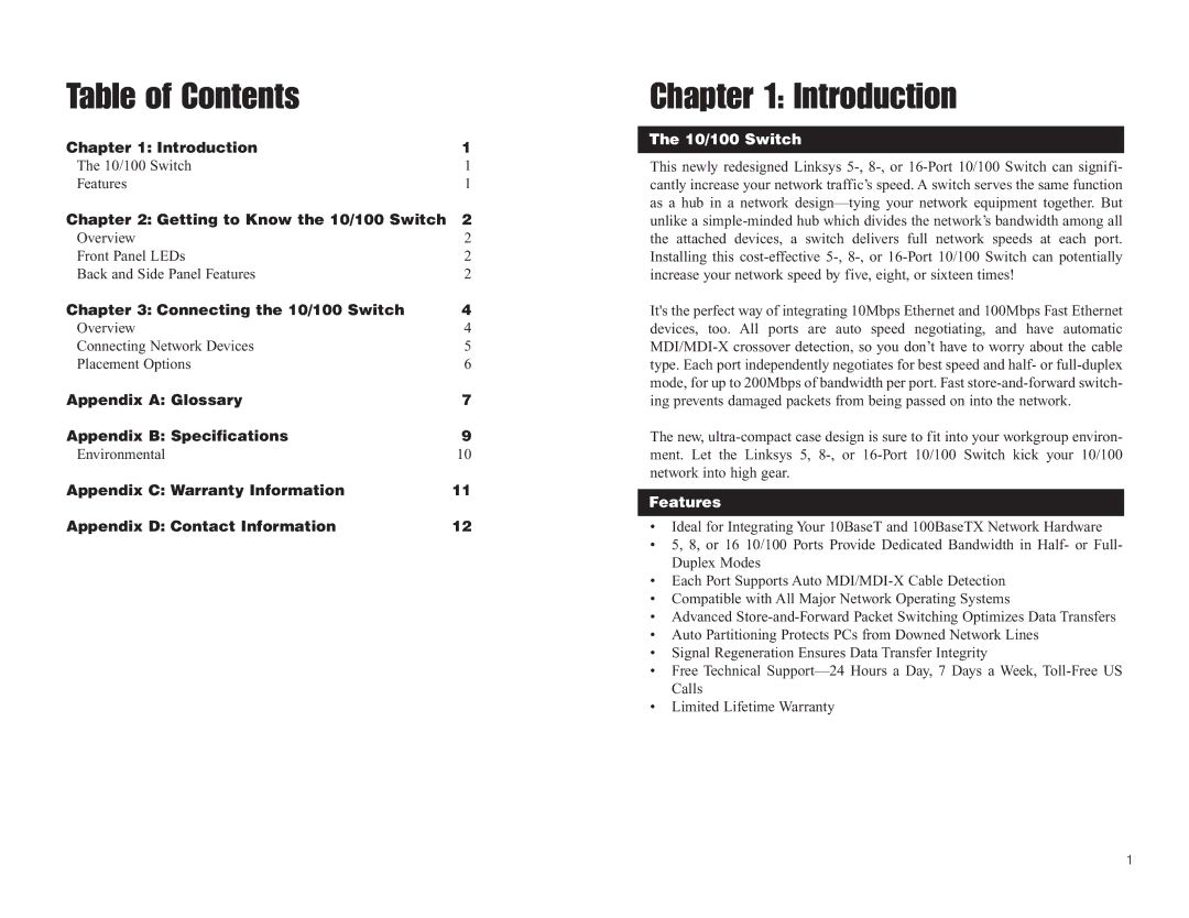 Linksys SD205 manual Table of Contents, Introduction 