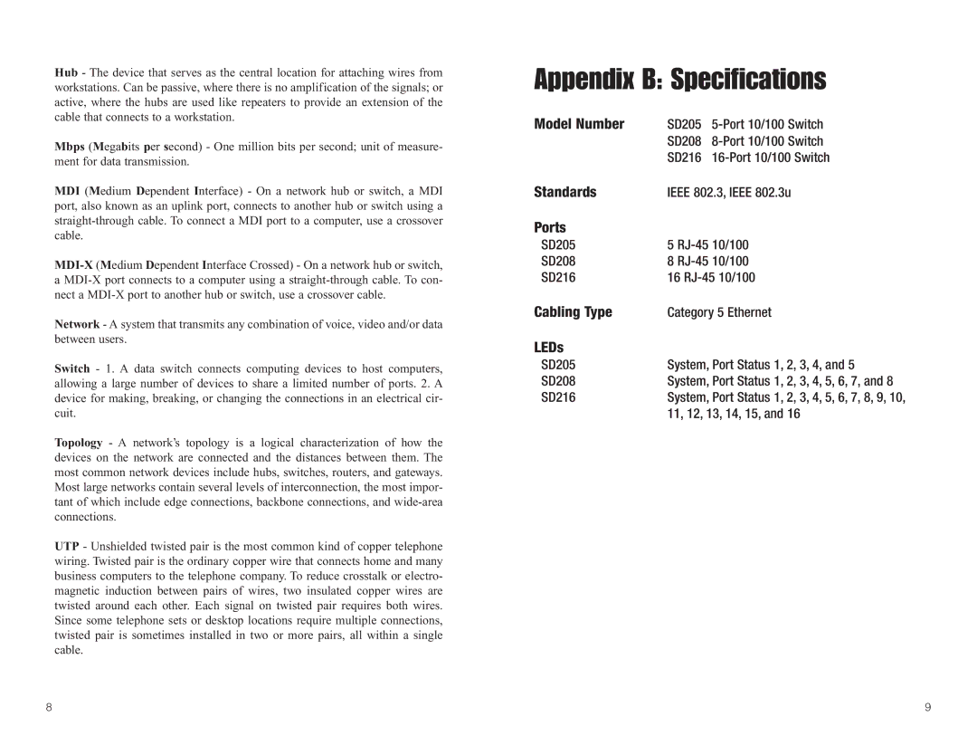 Linksys SD205 manual Appendix B Specifications, LEDs 