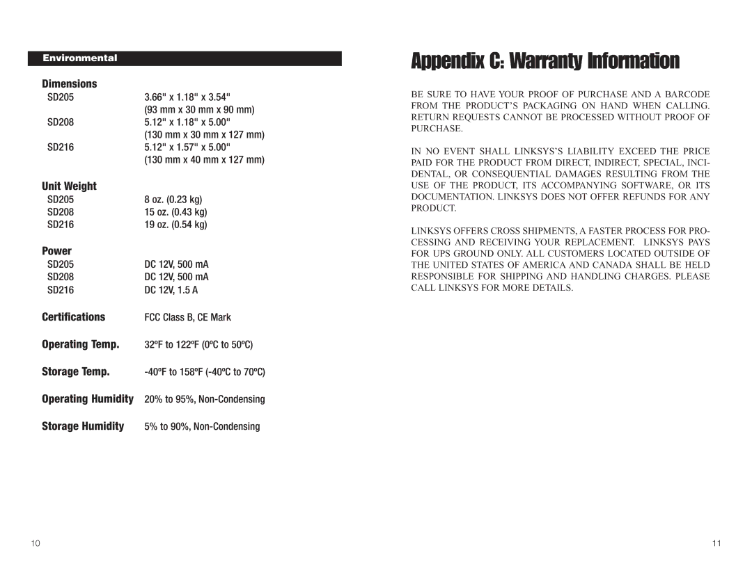 Linksys SD205 manual Appendix C Warranty Information, Environmental 