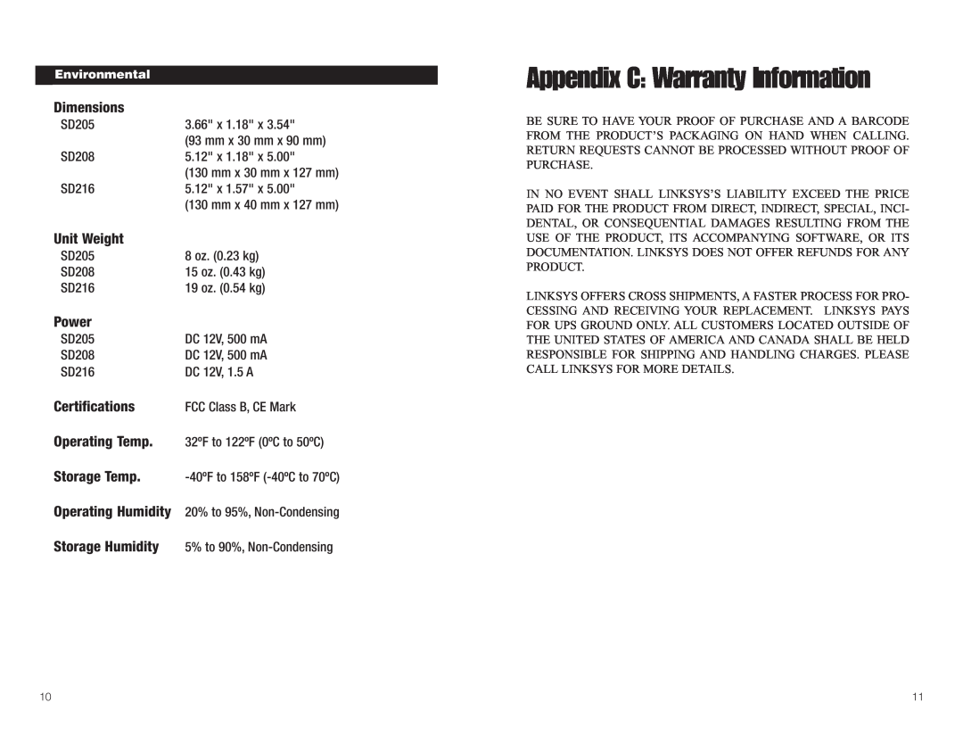 Linksys SD205 manual Appendix C Warranty Information, Dimensions, Unit Weight, Power, Certifications, Operating Temp 