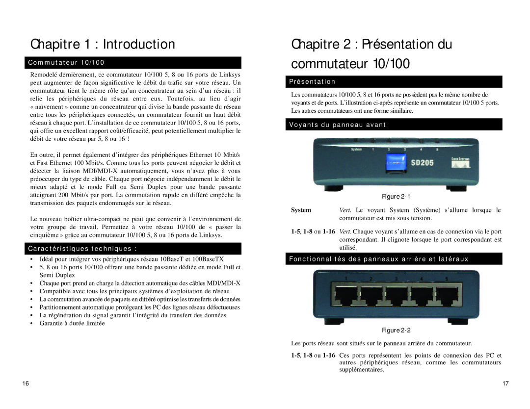 Linksys SD216, SD208 manual Chapitre 1 Introduction, Chapitre 2 Présentation du commutateur 10/100 