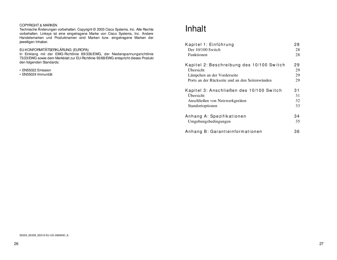 Linksys SD208, SD216 manual Inhalt, Copyright & Marken, EU-KONFORMITÄTSERKLÄRUNG Europa 