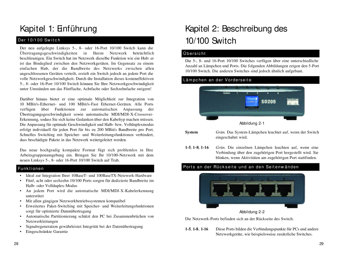 Linksys SD216, SD208 manual Kapitel 1 Einführung, Kapitel 2 Beschreibung des 10/100 Switch 