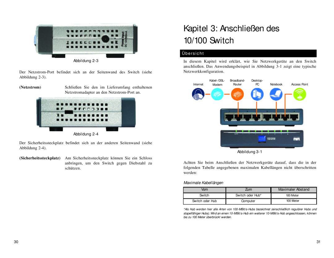 Linksys SD208, SD216 manual Kapitel 3 Anschließen des 10/100 Switch, Netzstrom, Maximale Kabellängen 