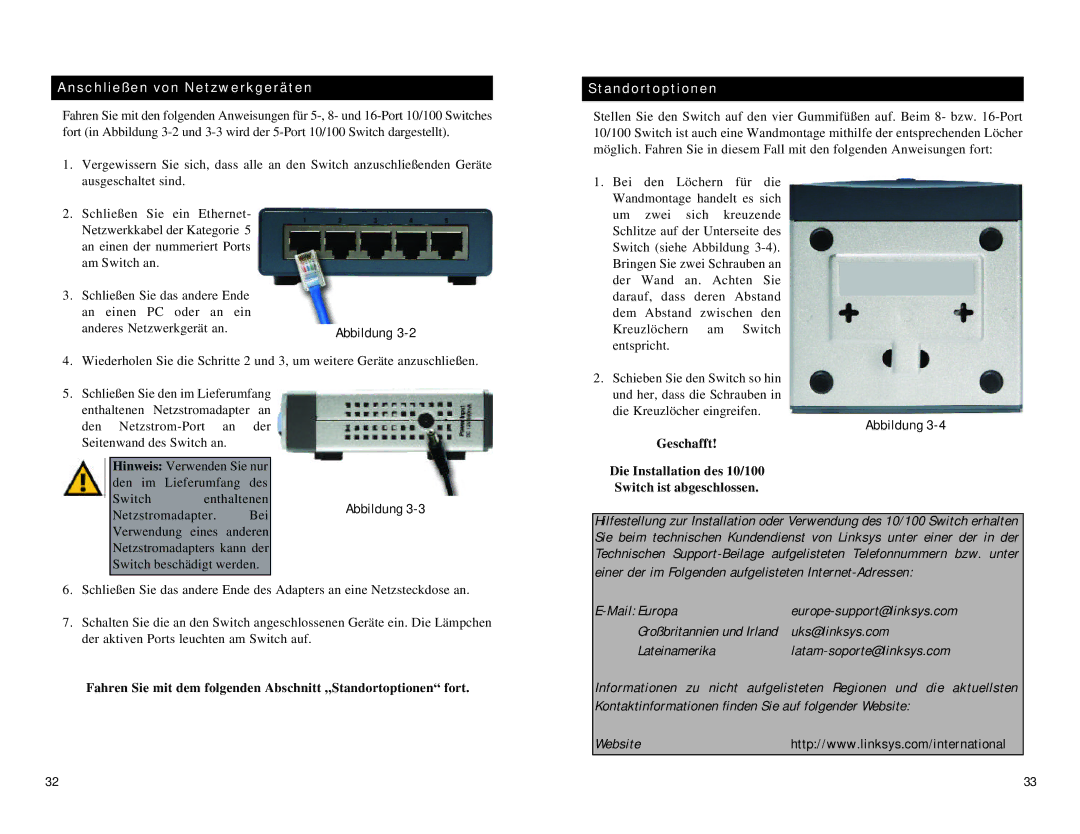 Linksys SD216, SD208 manual Anschließen von Netzwerkgeräten, Standortoptionen 