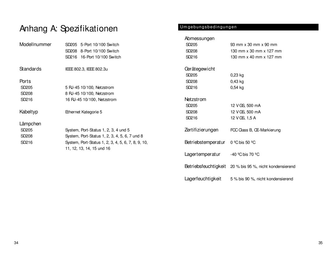 Linksys SD208, SD216 manual Anhang a Spezifikationen, Umgebungsbedingungen 