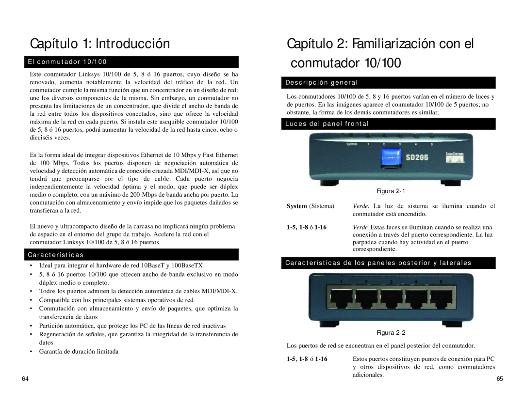 Linksys SD216, SD208 manual Capítulo 1 Introducción, Capítulo 2 Familiarización con el conmutador 10/100 