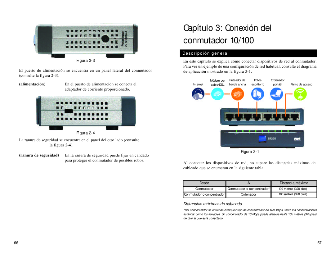 Linksys SD208, SD216 Alimentación, Planificación del diseño de la red Descripción general, Distancias máximas de cableado 