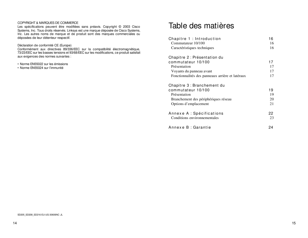 Linksys SD208, SD216 manual Table des matières, Copyright & Marques DE Commerce 
