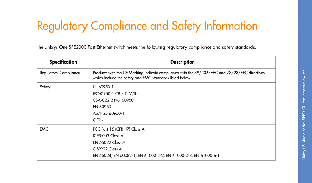 Linksys SFE2000 manual Regulatory Compliance and Safety Information, Specification Description 