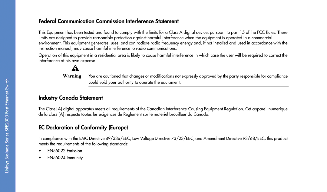 Linksys SFE2000 manual Federal Communication Commission Interference Statement 