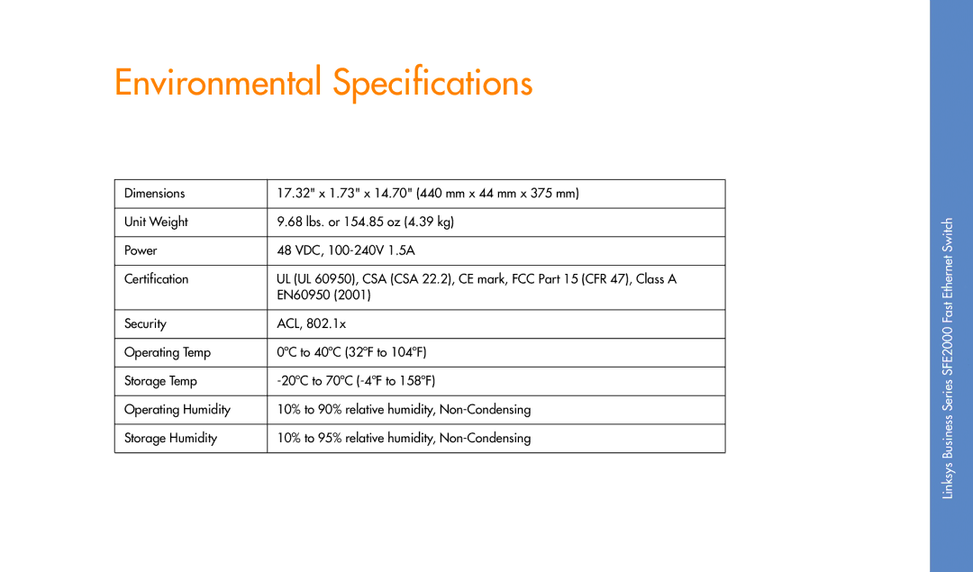 Linksys SFE2000 manual Environmental Specifications 