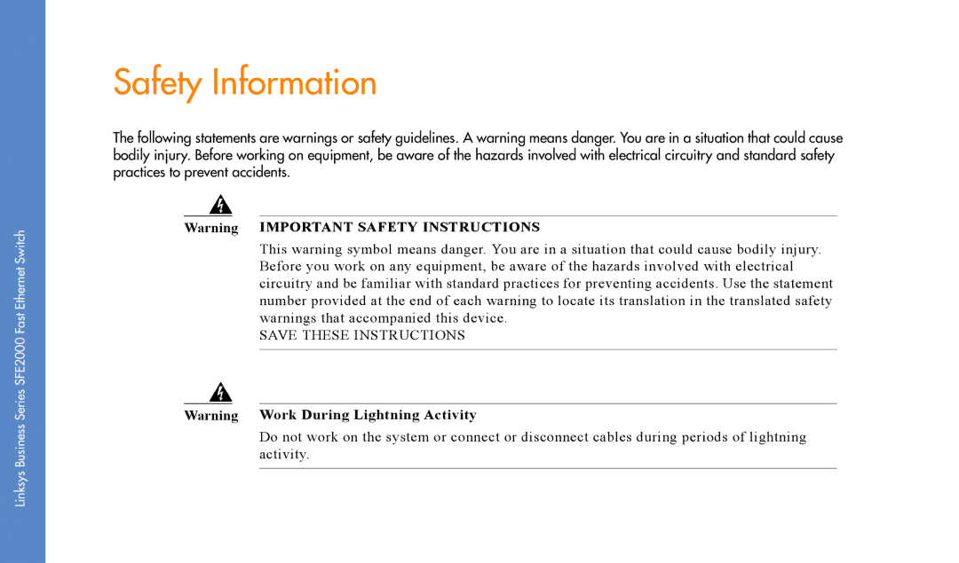 Linksys SFE2000 manual Safety Information 