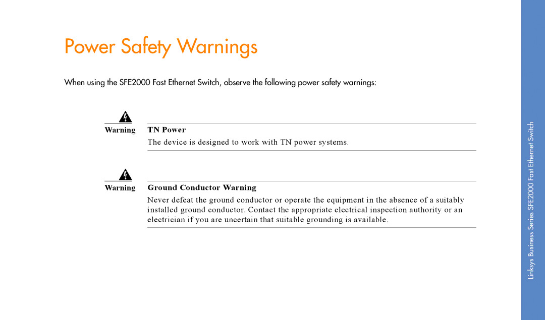 Linksys SFE2000 manual Power Safety Warnings 