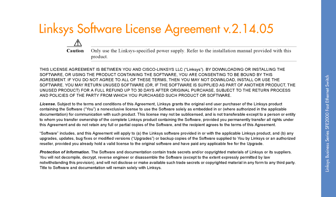 Linksys SFE2000 manual Linksys Software License Agreement 