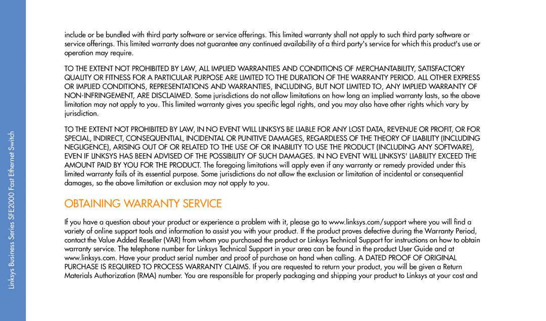 Linksys SFE2000 manual Obtaining Warranty Service 