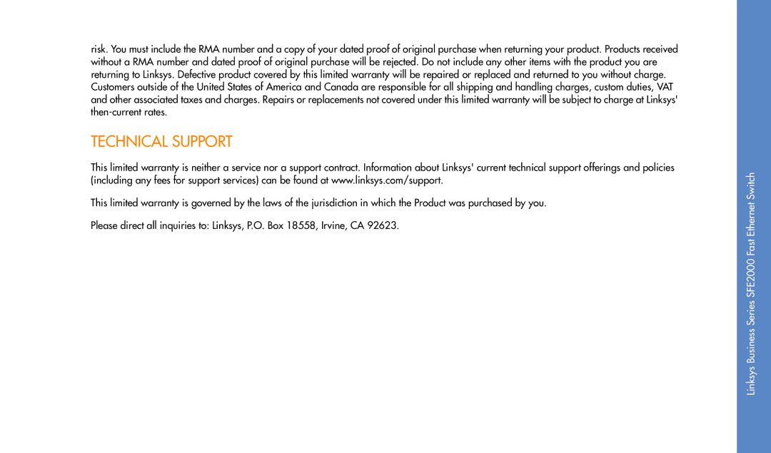 Linksys SFE2000 manual Technical Support 