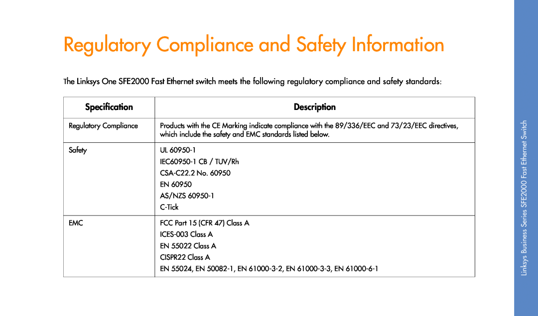 Linksys SFE2000 manual Regulatory Compliance and Safety Information, Specification, Description, Switch, Fast, Series 