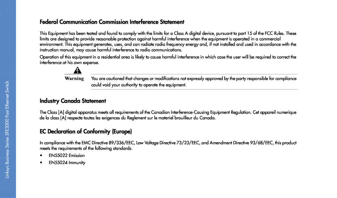 Linksys SFE2000 manual Federal Communication Commission Interference Statement, Industry Canada Statement 