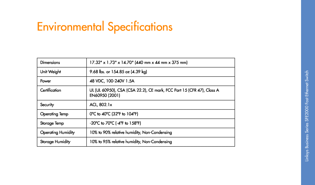 Linksys SFE2000 manual Environmental Specifications, Switch, Fast, Series 