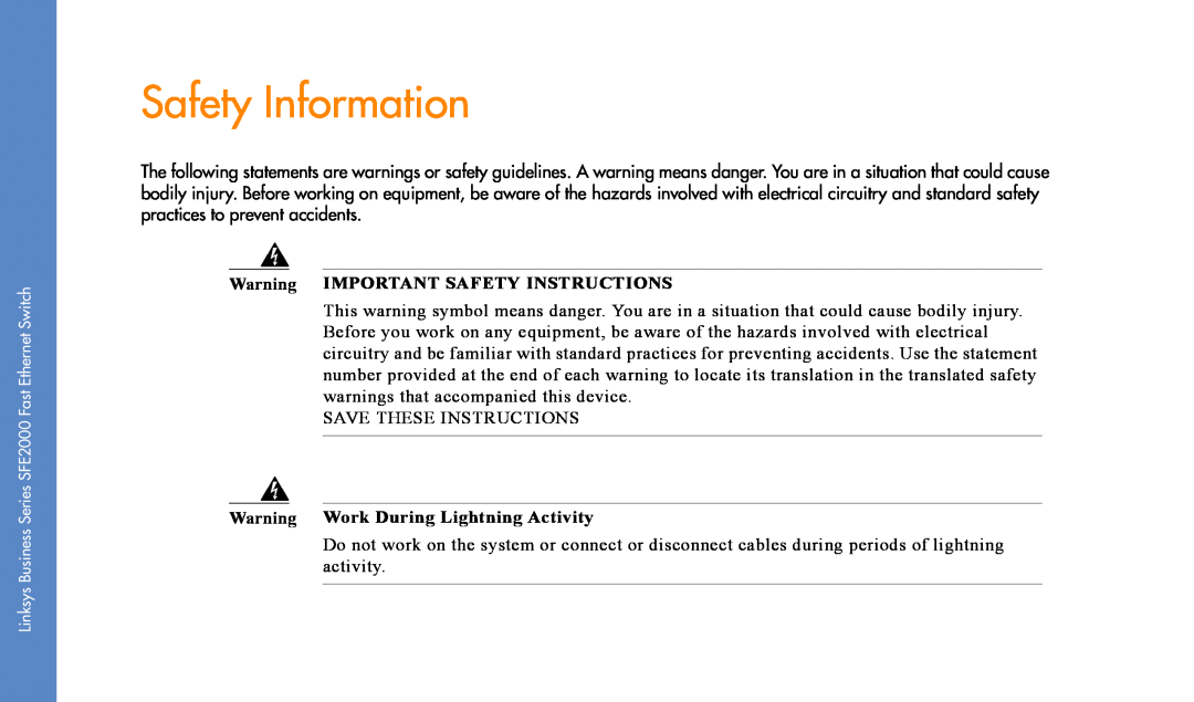 Linksys SFE2000 manual Safety Information, Warning IMPORTANT SAFETY INSTRUCTIONS, Warning Work During Lightning Activity 