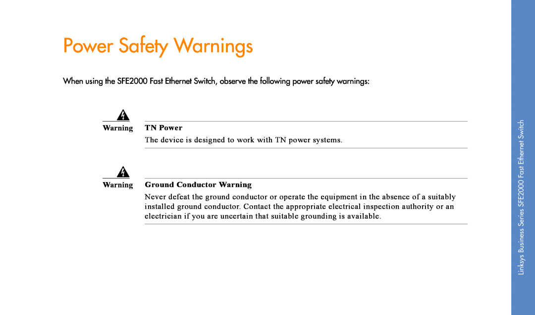 Linksys SFE2000 manual Power Safety Warnings, Warning TN Power, Warning Ground Conductor Warning 