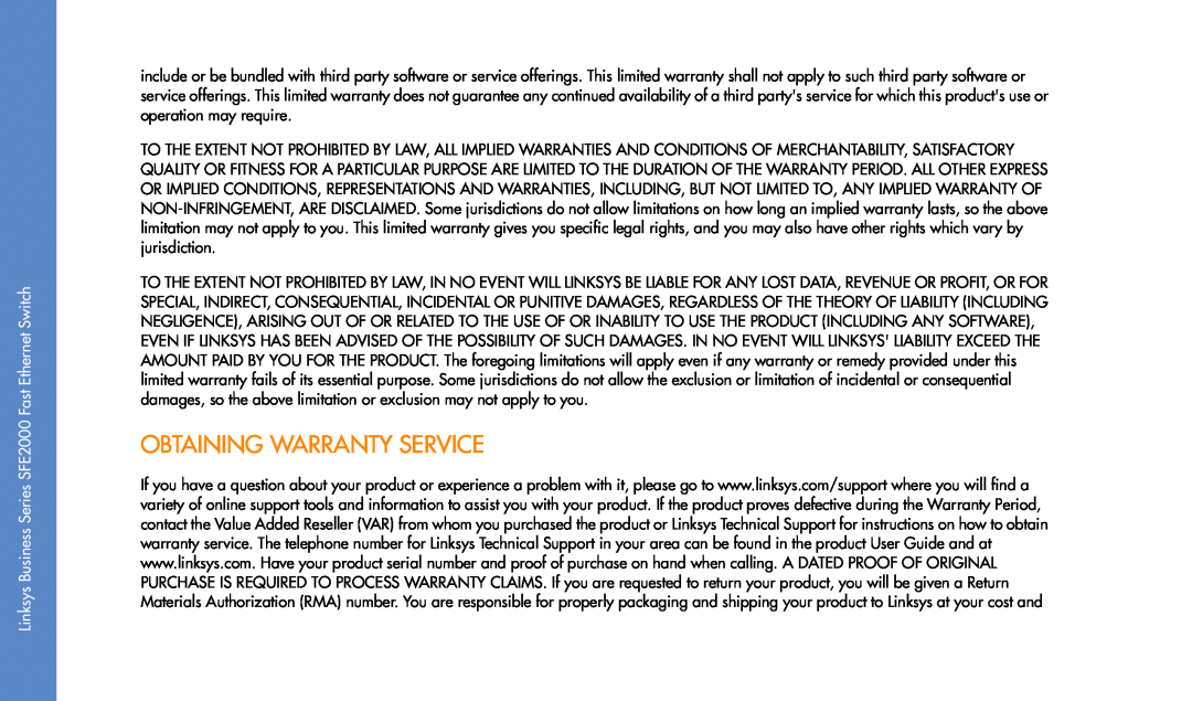 Linksys manual Obtaining Warranty Service, Linksys Business Series SFE2000 Fast Ethernet Switch 