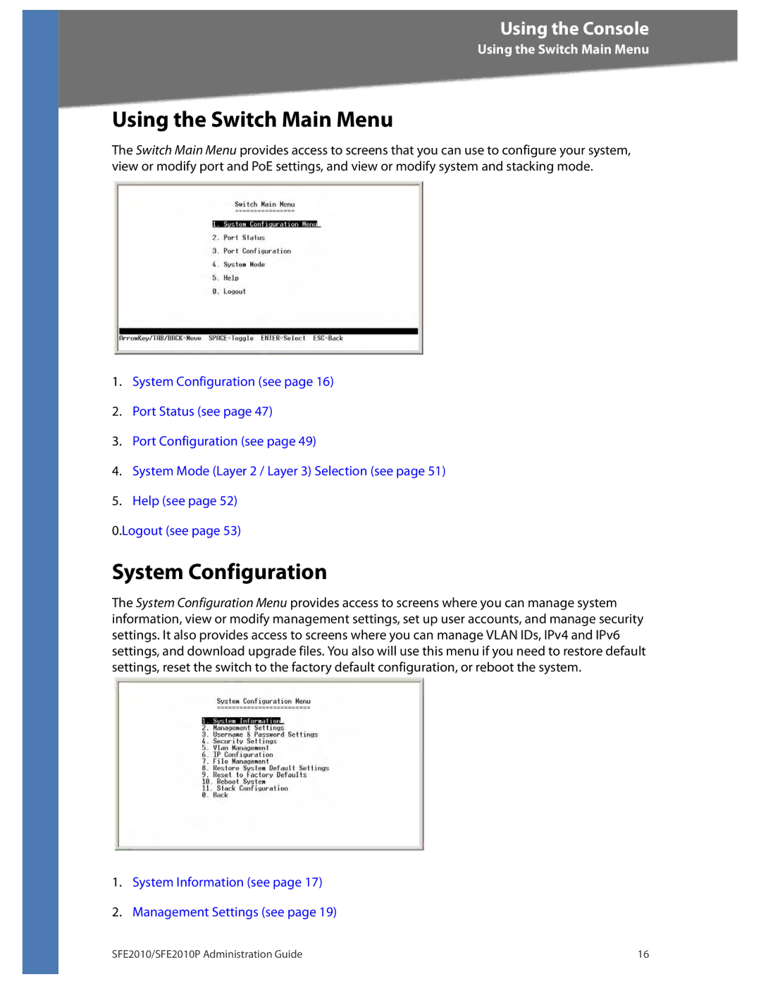 Linksys SFE2010P manual Using the Switch Main Menu, System Configuration 