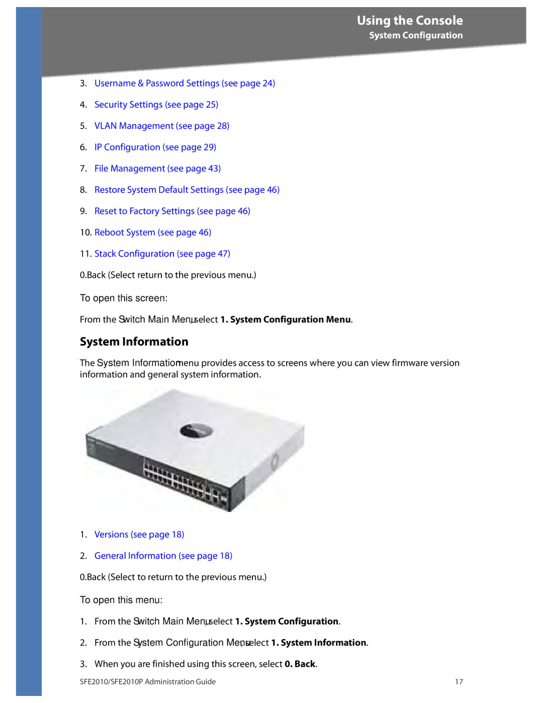 Linksys SFE2010P manual System Information, To open this screen, To open this menu 